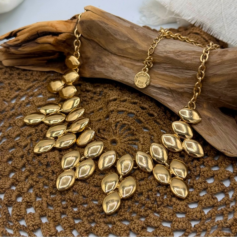 Vintage Liz Claiborne Teardrop Gold Metal Drop Tassel  Beaded Necklace